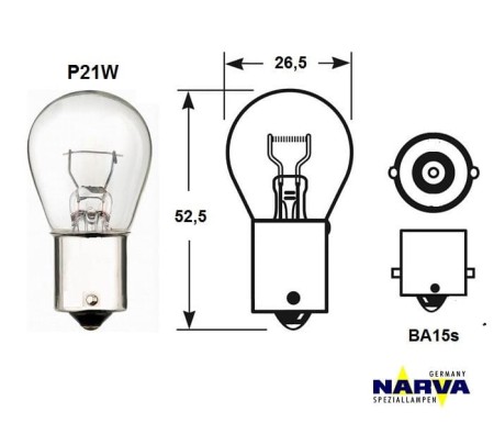 Żarówka sygnalizacyjna Narva P21W no.17635 wymiary