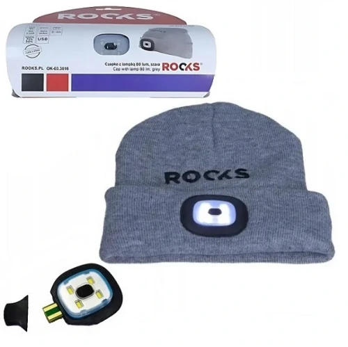 Przejdź do produktu Czapka ROOKS z lampką LED 80 lumenów, akrylowa, szara, 3 tryby, USB