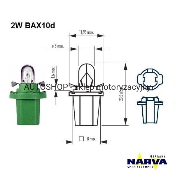 Żarówka sygnalizacyjna Narva 2W BAX10d no.17057 wymiary