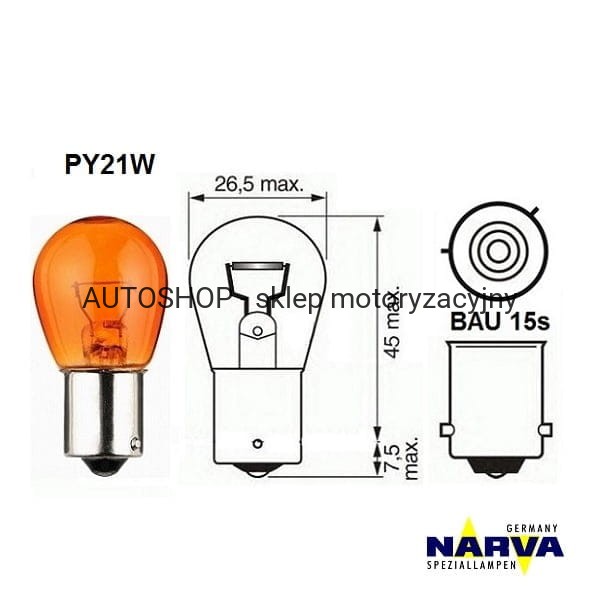 Żarówka sygnalizacyjna Narva PY21W no.17638 wymiary