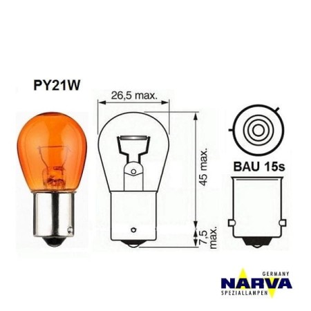 Żarówka sygnalizacyjna Narva PY21W no.17638 wymiary