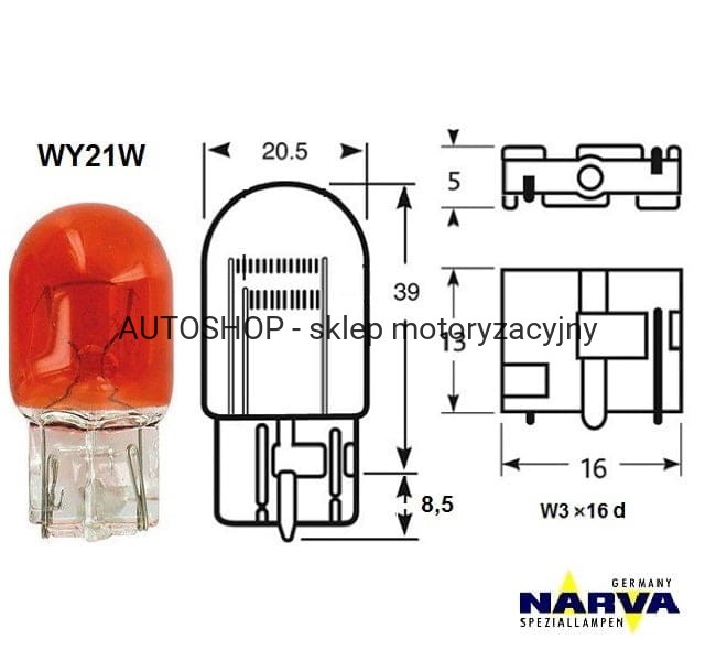 Żarówka Narva WY21W no.17629 wymiary