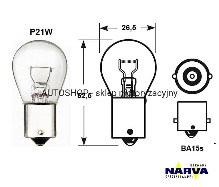 Żarówka sygnalizacyjna Narva P21W no.17635 wymiary
