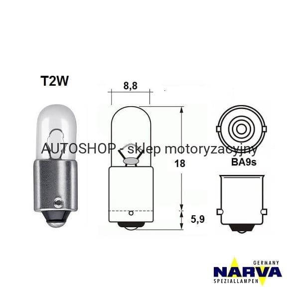 Żarówka sygnalizacyjna Narva T2W no.17053 wymiary