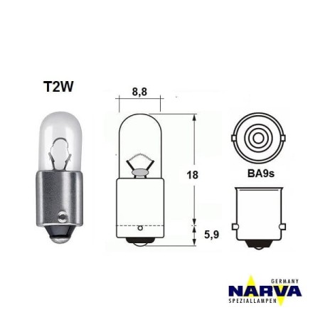 Żarówka sygnalizacyjna Narva T2W no.17053 wymiary