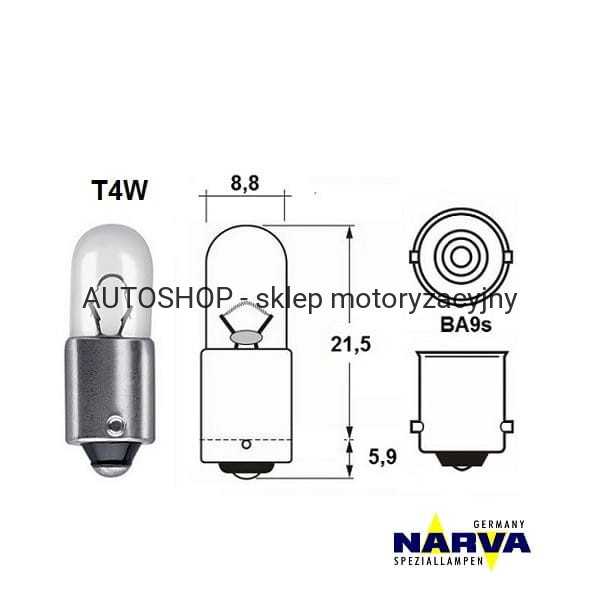 Żarówka sygnalizacyjna Narva T4W no.17131 wymiary