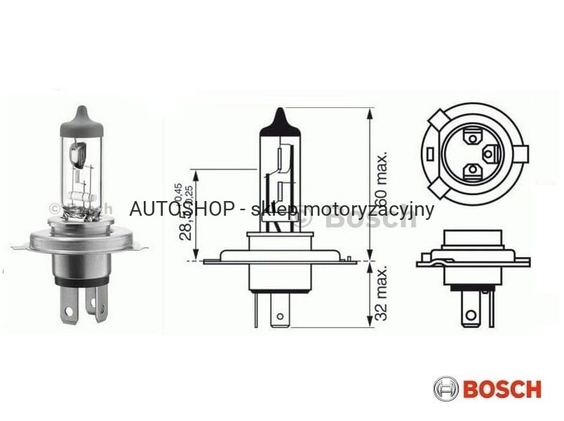 Żarówka halogenowa Bosch H4 Pure Light no. 1987301001 wymiary