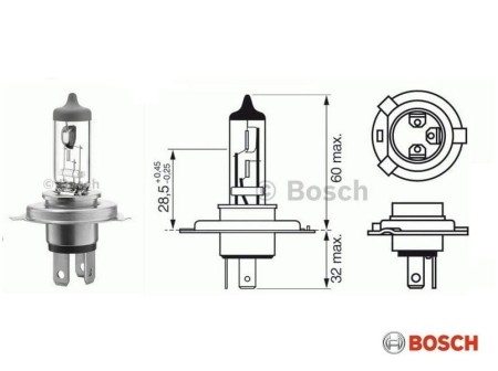Żarówka halogenowa Bosch H4 Pure Light no. 1987301001 wymiary
