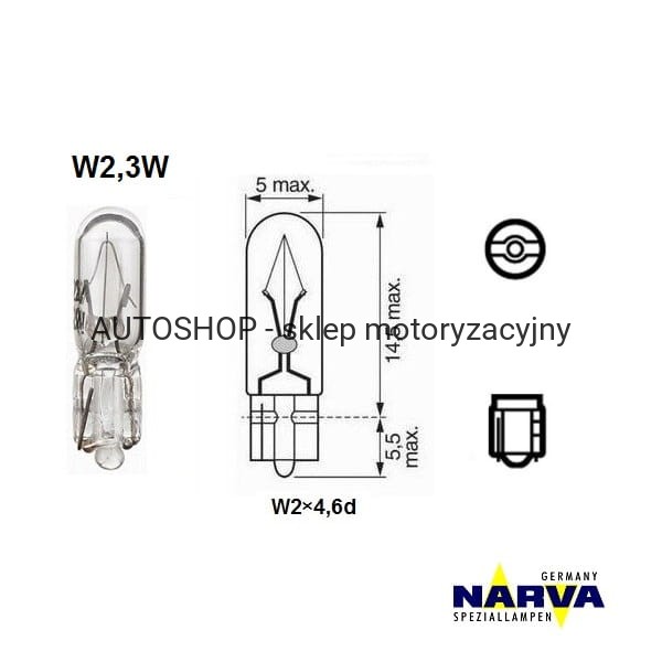 Żarówka sygnalizacyjna Narva 2,3W W2,3W no. 17073 wymiary