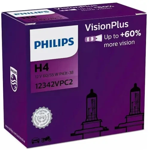 Przejdź do produktu Żarówka Philips H4 Vision Plus +60% 2szt. (12342VPC2)