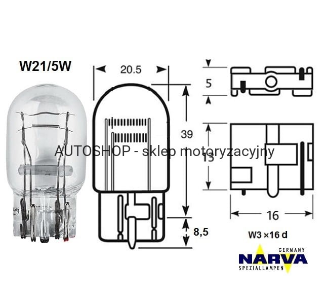 Żarówka sygnalizacyjna Narva W21/5 no.17919 wymiary