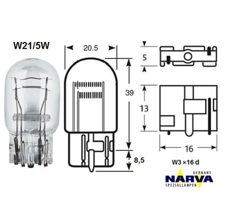 Żarówka sygnalizacyjna Narva W21/5 no.17919 wymiary